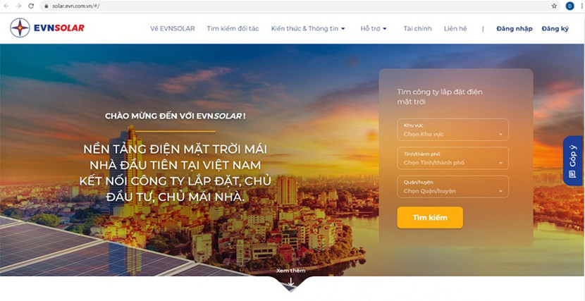 Giao diện nền tảng EVNSOLAR tại địa chỉ http://solar.evn.com.vn.