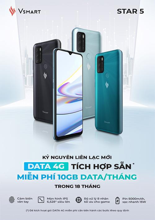 Với việc tích hợp DATA 4G miễn phí,Vsmart Star 5 trở thành điện thoại kèm DATA 4G miễn phí tiên phong tại Việt Nam