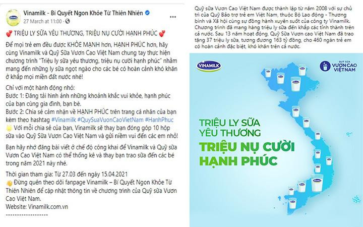 Trong chiến dịch diễn ra từ 27/3 đến 15/4/2021, với mỗi chia sẻ được đăng tải, bạn sẽ cùng Vinamilk gửi 10 hộp sữa đến các em nhỏ có hoàn cảnh khó khăn trên cả nước. Trong chiến dịch diễn ra từ 27/3 đến 15/4/2021, với mỗi chia sẻ được đăng tải, bạn sẽ cùng Vinamilk gửi 10 hộp sữa đến các em nhỏ có hoàn cảnh khó khăn trên cả nước.