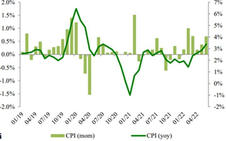 Tăng trưởng CPI theo quý và theo tháng. Ảnh: VCBS