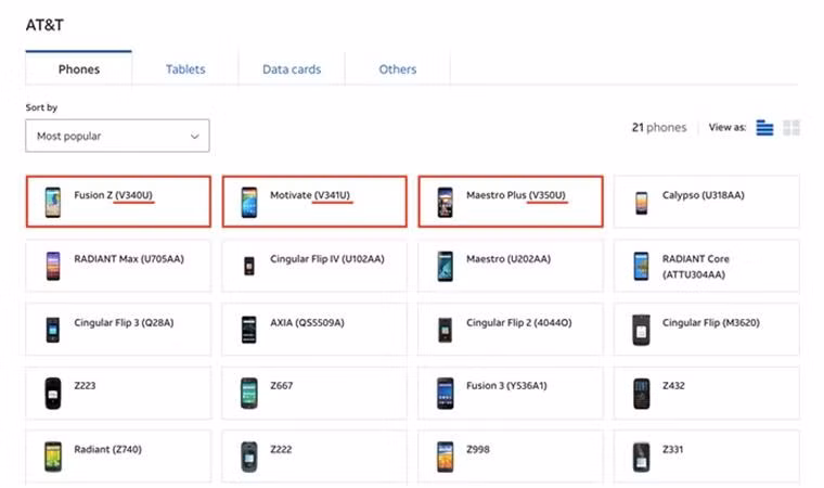 Danh sách các mẫu điện thoại mang thương hiệu AT&amp;T cùng mã sản phẩm đang được phân đối trên trang chủ của hãng.