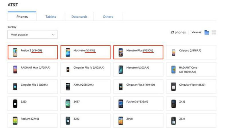 Danh sách các mẫu điện thoại mang thương hiệu AT&T cùng mã sản phẩm đang được phân đối trên trang chủ của hãng. Danh sách các mẫu điện thoại mang thương hiệu AT&T cùng mã sản phẩm đang được phân đối trên trang chủ của hãng.