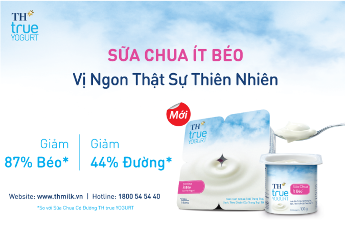 Sữa Chua Ít Béo TH true YOGURT đã giảm 87% chất béo và hơn 44% lượng đường bổ sung.
