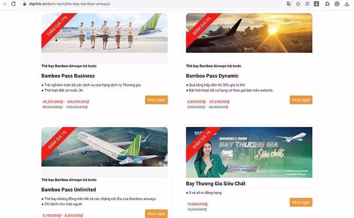 Các sản phẩm thẻ dịch vụ hàng không đang được giảm giá mạnh nhân dịp khai trương sàn TMĐT DigiLink