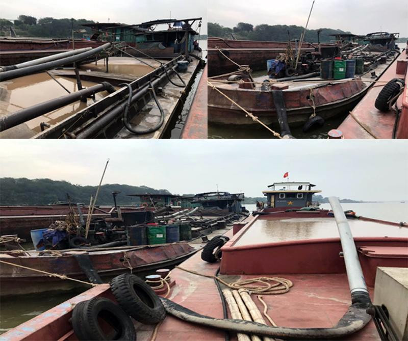 3 chiếc tàu được các đối tượng vận hành khai thác cát trái phép trên sông Hồng, bị lực lượng trinh sát Phòng Cảnh sát môi trường CATP Hà Nội phát hiện, bắt quả tang 3 chiếc tàu được các đối tượng vận hành khai thác cát trái phép trên sông Hồng, bị lực lượng trinh sát Phòng Cảnh sát môi trường CATP Hà Nội phát hiện, bắt quả tang