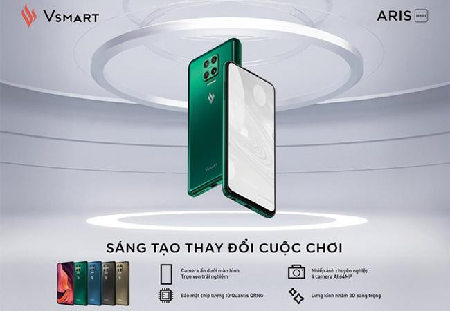 Vsmart Aris nổi bật với thiết kế khung kim loại sang trọng, lưng kính nhám và camera ẩn dưới màn hình đầu tiên trên thế giới
