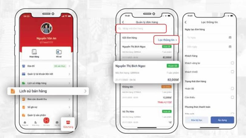 Tính năng quản lý đơn hàng trên ứng dụng VinShop.
