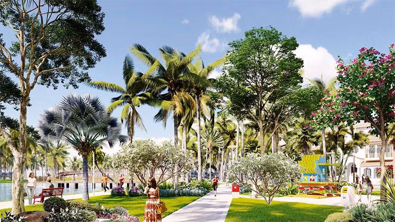 Không gian xanh mát ven sông Đơ tạo nên bầu không khí nghỉ dưỡng đậm chất nhiệt đới tại Sun Riverside Village. Ảnh phối cảnh minh họa.