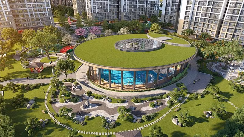 Hồ bơi 4 mùa nội khu The Sakura nhìn từ bên ngoài