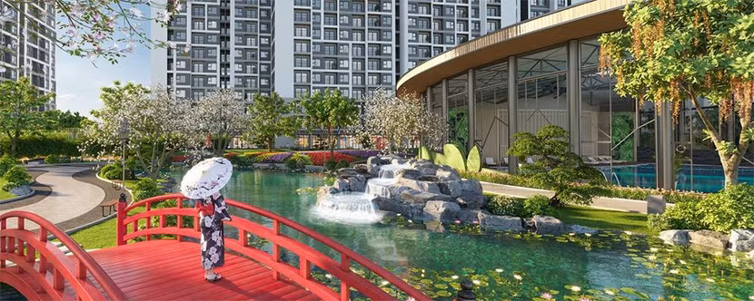 Cảnh quan đậm tinh thần Nhật Bản bên ngoài hồ bơi 4 mùa tại The Sakura