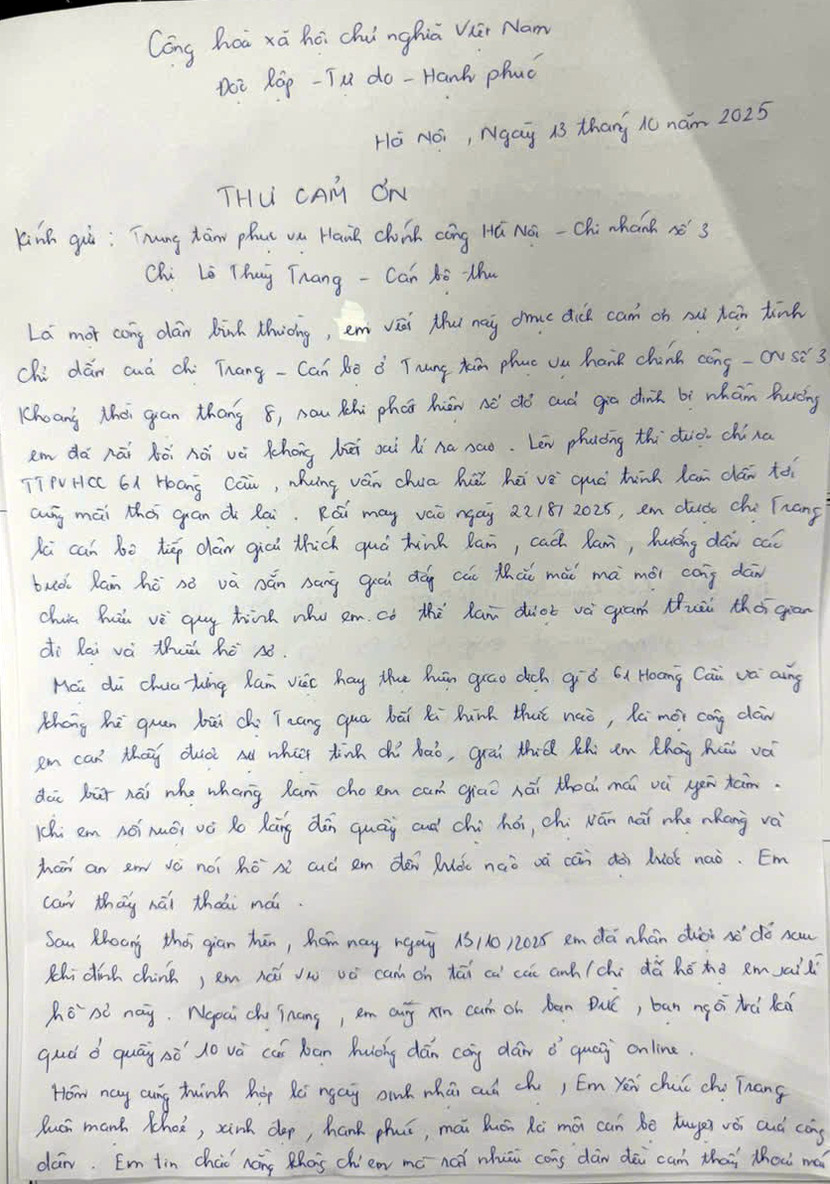 Lá thư cảm ơn của người dân khi được nhiệt tình hướng dẫn, trợ giúp làm thủ tục liên quan đến "sổ đỏ" Lá thư cảm ơn của người dân khi được nhiệt tình hướng dẫn, trợ giúp làm thủ tục liên quan đến "sổ đỏ"