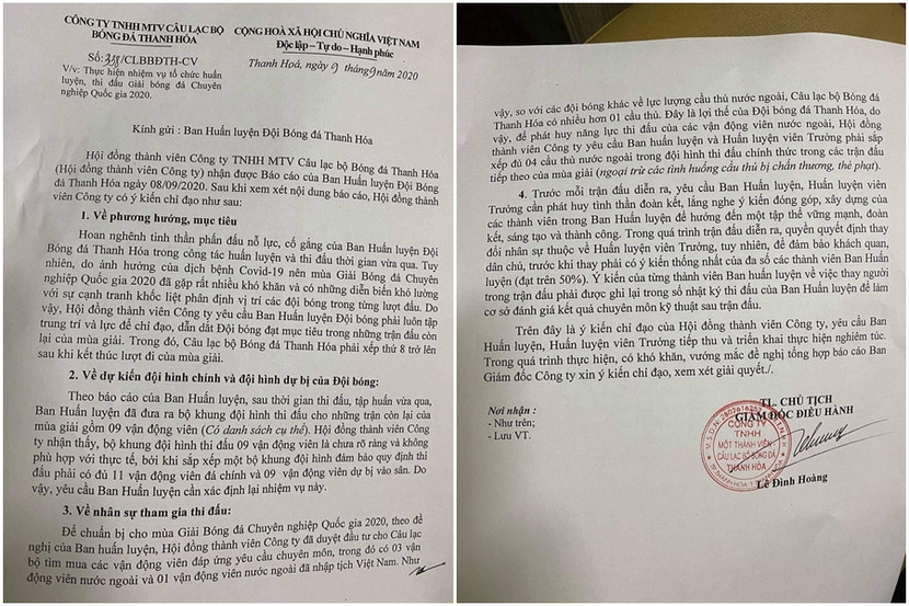 Văn bản chỉ đạo chuyên môn rành mạch của lãnh đạo CLB Thanh Hóa