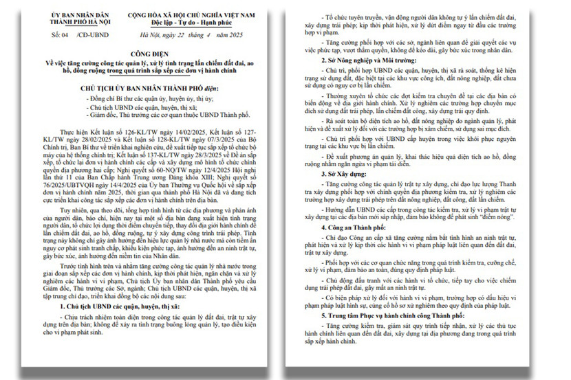 Chủ tịch UBND TP Hà Nội Trần Sỹ Thanh mới ký Công điện số 04 chỉ đạo tăng cường công tác quản lý, xử lý tình trạng lấn chiếm đất đai, ao hồ, đồng ruộng trong quá trình sắp xếp các đơn vị hành chính Chủ tịch UBND TP Hà Nội Trần Sỹ Thanh mới ký Công điện số 04 chỉ đạo tăng cường công tác quản lý, xử lý tình trạng lấn chiếm đất đai, ao hồ, đồng ruộng trong quá trình sắp xếp các đơn vị hành chính