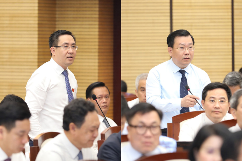 Giám đốc Sở Xây dựng Hà Nội Võ Nguyên Phong (bên phải) trả lời chất vấn về tiến độ 8 dự án xử lý nước thải quan trọng