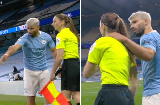 Kun Aguero bày tỏ sự không hài lòng bằng cách bá vai nữ trọng tài