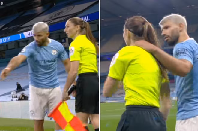 Kun Aguero bày tỏ sự không hài lòng bằng cách bá vai nữ trọng tài Kun Aguero bày tỏ sự không hài lòng bằng cách bá vai nữ trọng tài