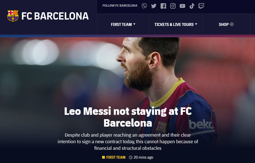 Trang chủ Barca thông báo việc Messi không tiếp tục ở lại CLB Trang chủ Barca thông báo việc Messi không tiếp tục ở lại CLB