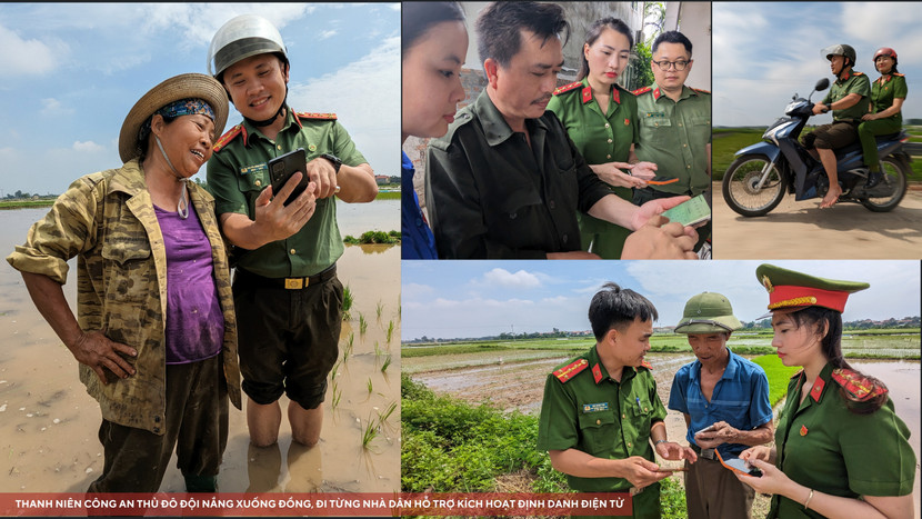 Thanh niên Công an Thủ đô đội nắng xuống đồng phục vụ kích hoạt định danh điện tử khi người dân bận đi cấy Thanh niên Công an Thủ đô đội nắng xuống đồng phục vụ kích hoạt định danh điện tử khi người dân bận đi cấy
