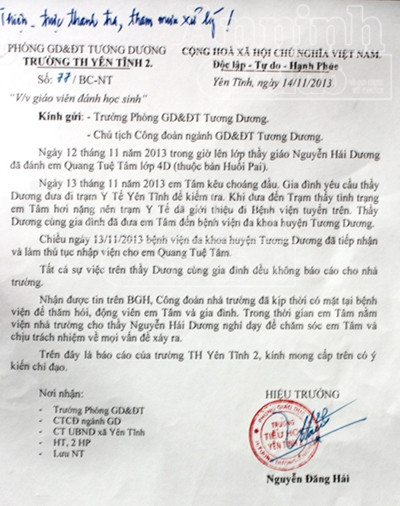 Không đọc thuộc bảng nhân, học sinh bị thầy giáo đánh nhập viện ảnh 4 Không đọc thuộc bảng nhân, học sinh bị thầy giáo đánh nhập viện ảnh 4