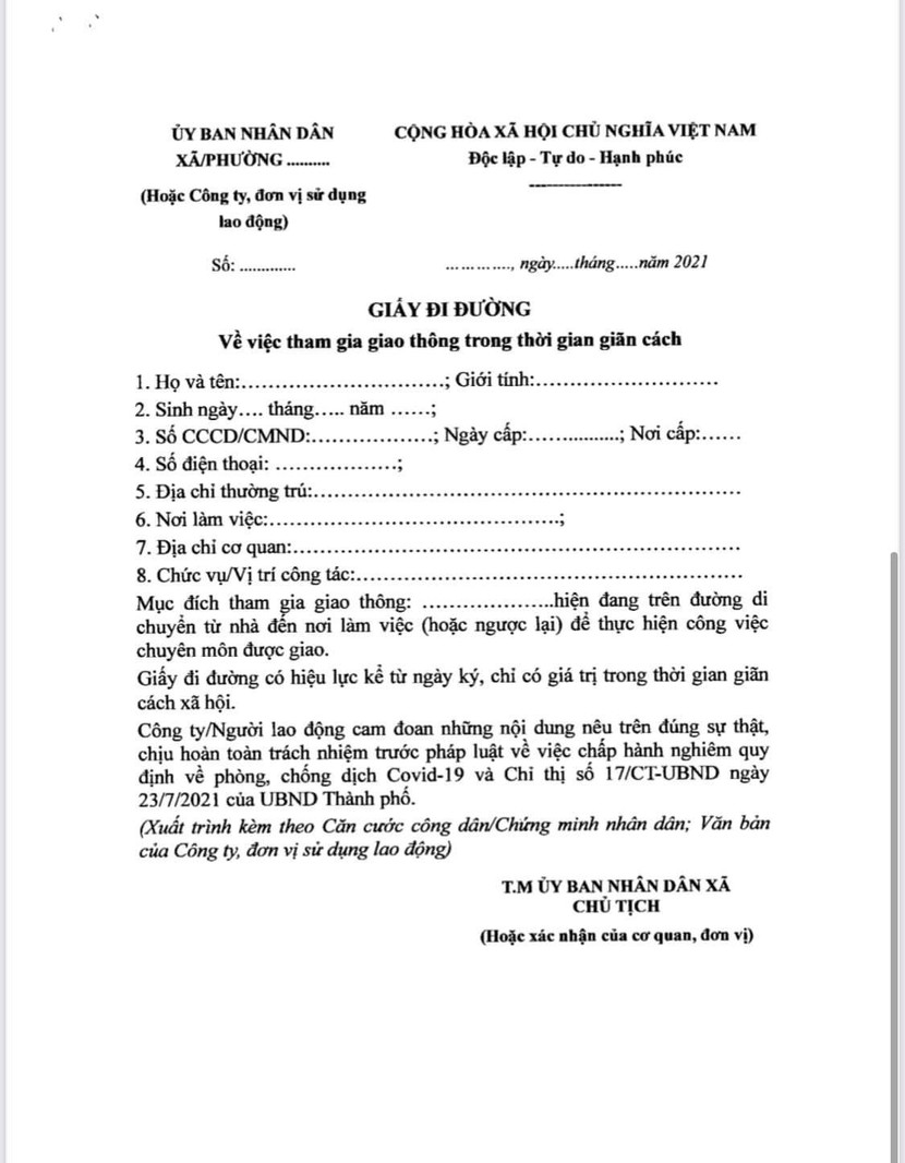 Biểu mẫu giấy đi đường do UBND TP Hà Nội quy định