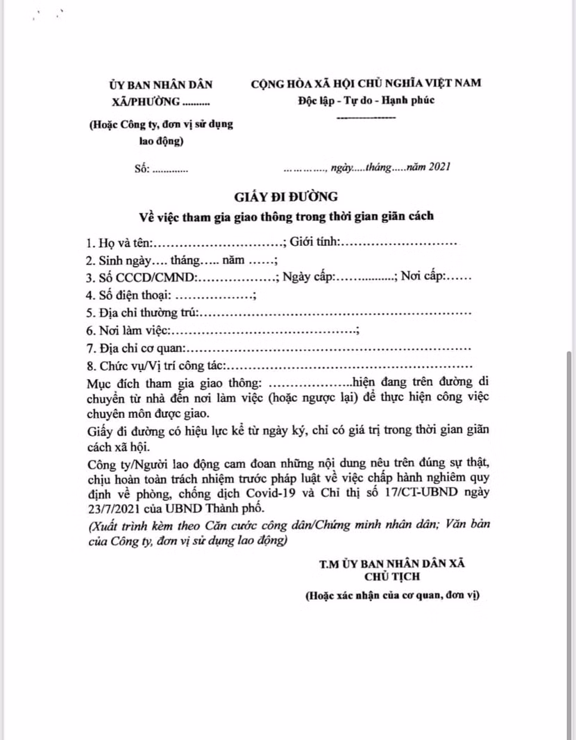 Biểu mẫu giấy đi đường do UBND TP Hà Nội quy định