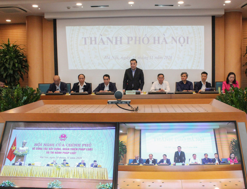 Chủ tịch UBND TP Chu Ngọc Anh phát biểu tại hội nghị trực tuyến về công tác xây dựng, hoàn thiện pháp luật và thi hành pháp luật