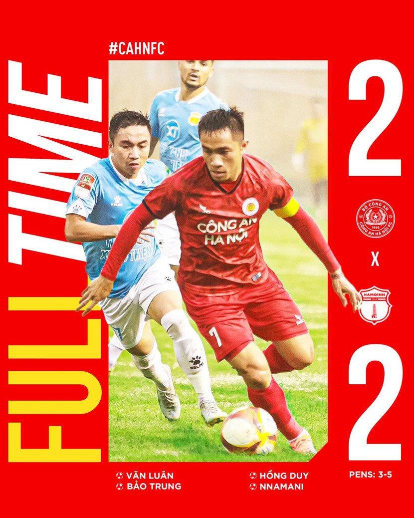 CLB Công an Hà Nội (đỏ) hòa 90 phút và thua trên chấm 11m trước Nam Định FC