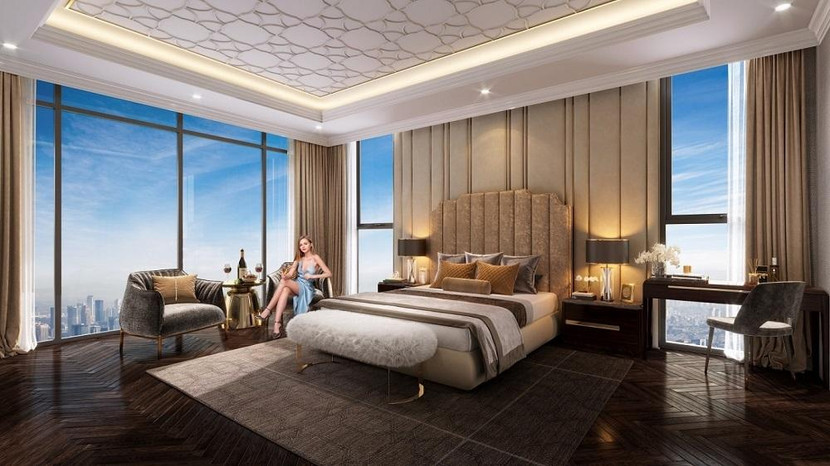 View phòng ngủ ra toàn cảnh thành phố nhộn nhịp và sôi động