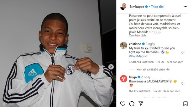 Bình luận của Ronaldo ở bài đăng của Mbappe nhận số lượt thích kỷ lục