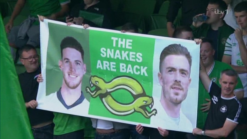 CĐV Ireland dùng hình ảnh rắn để ám chỉ Rice và Grealish là những kẻ phản bội