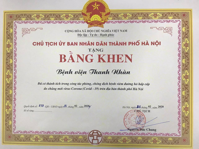 Bệnh viện Thanh Nhàn đã được UBND TP Hà Nội tặng bằng khen về thành tích trong phòng chống dịch Covid-19 Bệnh viện Thanh Nhàn đã được UBND TP Hà Nội tặng bằng khen về thành tích trong phòng chống dịch Covid-19