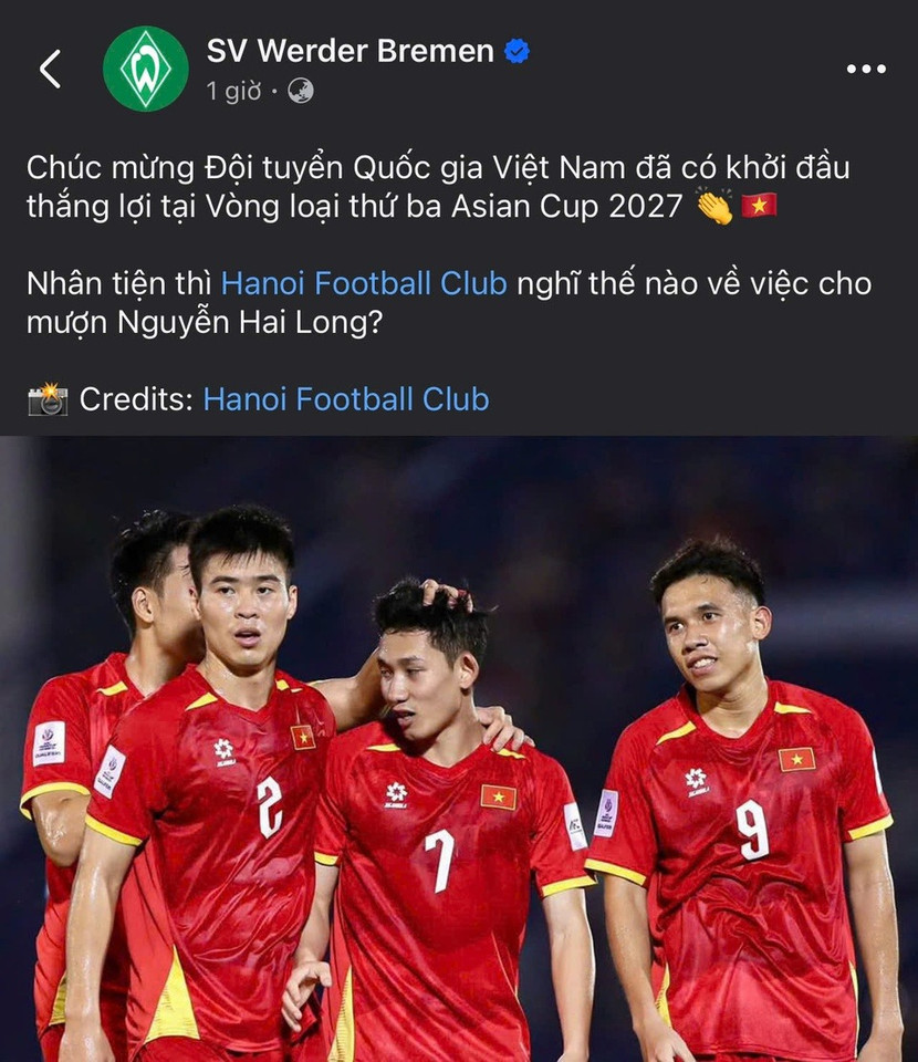 Werder Bremen đăng trạng thái về Hai Long