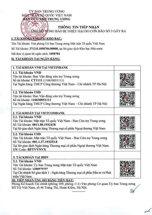 Thông tin tiếp nhận ủng hộ đồng bào bị thiệt hại thiên tai