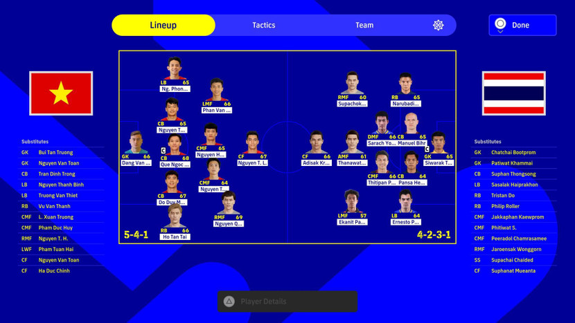 Đội hình ĐT Việt Nam và ĐT Thái Lan trong PES 2022