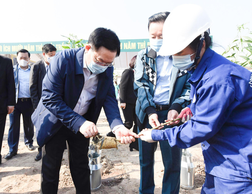 Bí thư Thành ủy Vương Đình Huệ và Bộ trưởng Bộ TN&amp;MT Trần Hồng Hà kiểm cây xanh trước khi được trồng
