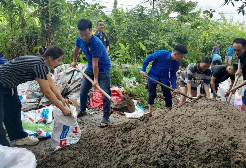 Tại xã Nam Phù, khi nước sông Hồng dâng cao, uy hiếp thôn Đại Lan, sức trẻ lại được huy động