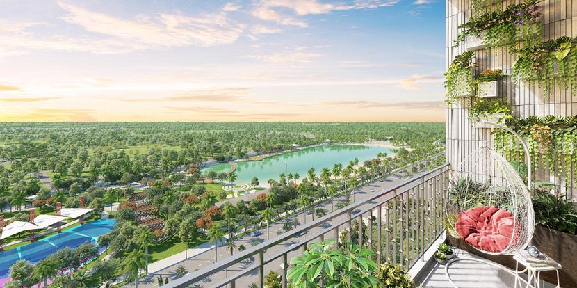 Một góc của ban công căn hộ The Mirae Park nhìn thẳng ra hồ điều hòa rộng 4,8ha