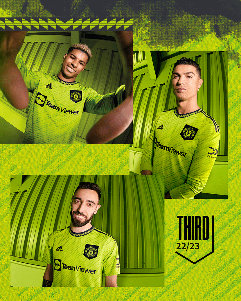 Ronaldo (phải) cùng Rashford và Bruno Fernandes quảng cáo áo đấu mới MU