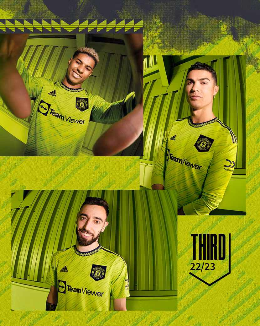 Ronaldo (phải) cùng Rashford và Bruno Fernandes quảng cáo áo đấu mới MU