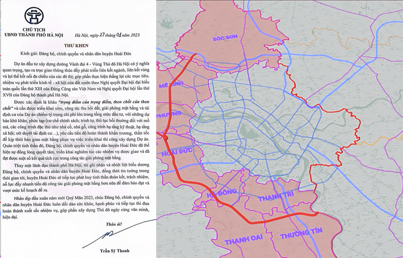 Chủ tịch UBND TP Hà Nội gửi thư khen 6 huyện đẩy nhanh giải phóng mặt bằng cho dự án đường Vành đai 4 - Vùng Thủ đô Chủ tịch UBND TP Hà Nội gửi thư khen 6 huyện đẩy nhanh giải phóng mặt bằng cho dự án đường Vành đai 4 - Vùng Thủ đô