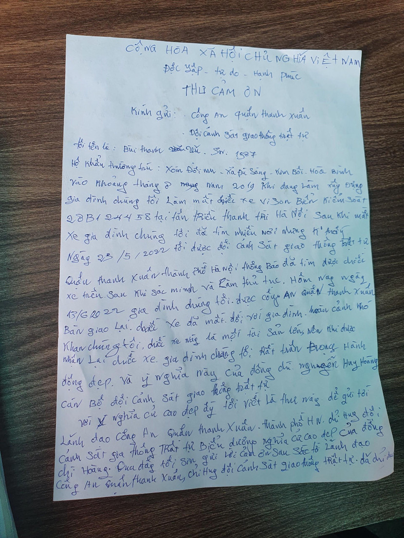 Thư cảm ơn của anh Bùi Thanh Vũ gửi Đội Cảnh sát giao thông - CAQ Thanh Xuân