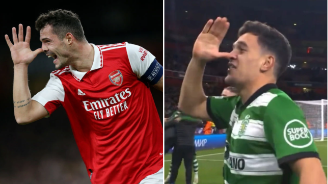 Pote (phải) ăn mừng chế chiễu Xhaka và Arsenal