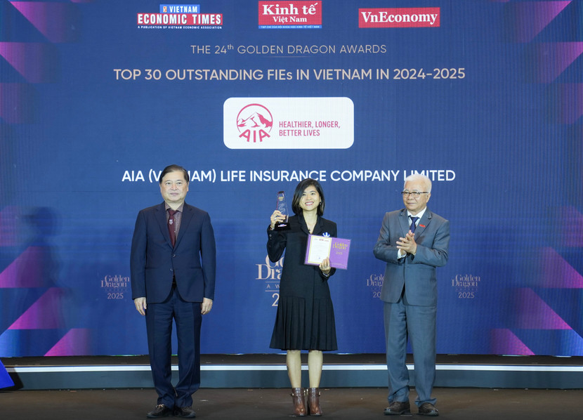 AIA Việt Nam vinh danh ở hạng mục “Doanh nghiệp bảo hiểm nhân thọ dẫn đầu về các sản phẩm sống” năm 2024-2025 trong khuôn khổ Giải thưởng Rồng Vàng