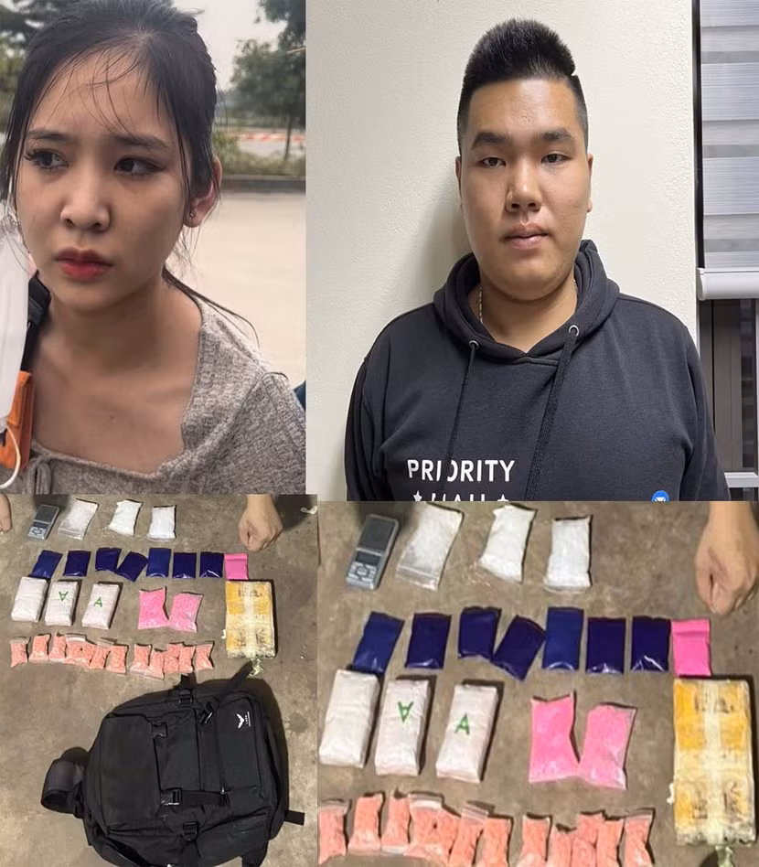Hai đối tượng Trâm và Nam cùng tang vật ma tuý