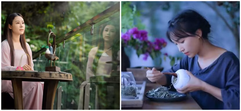 Hình ảnh Hoa Trần bình yên tự tại thưởng trà bên hiên nhà (bên trái) trong MV và hình ảnh Lý Tử Thất (bên phải) trong Vlog cổ phong mỹ thực