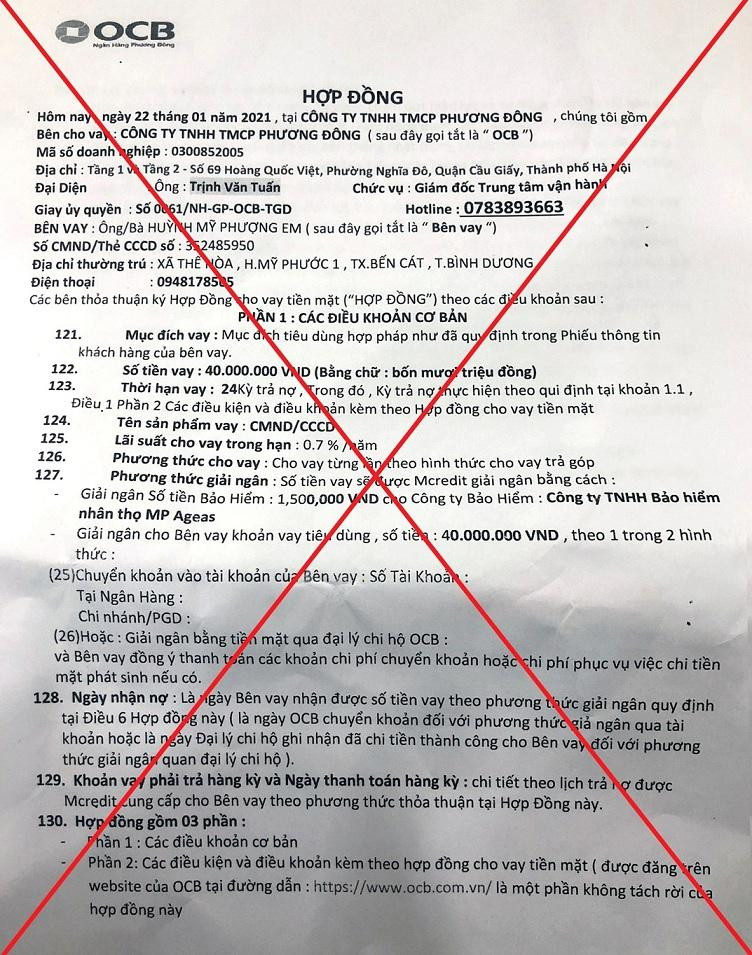 Hợp đồng vay vốn mạo danh OCB để lừa đảo khách hàng