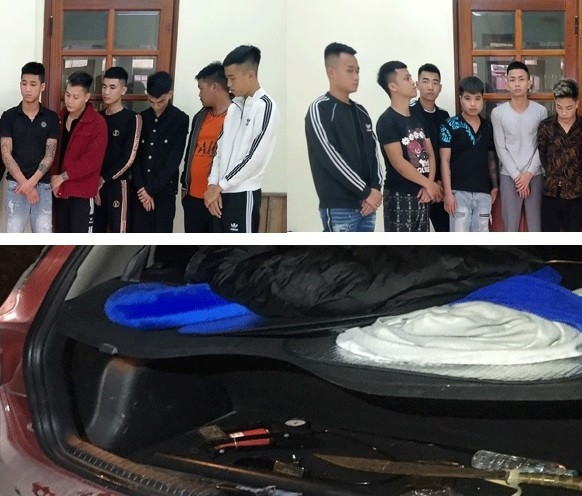 Số đối tượng bị đưa về cơ quan Công an cùng hung khí giấu trên ô tô