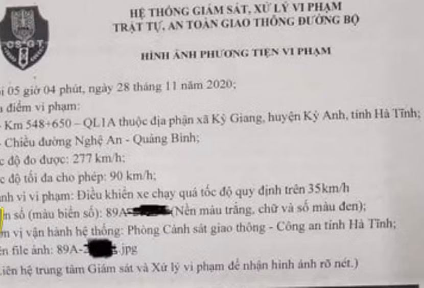 Thông báo phạt nguội của CSGT bị chỉnh sửa phần tốc độ vi phạm của xe