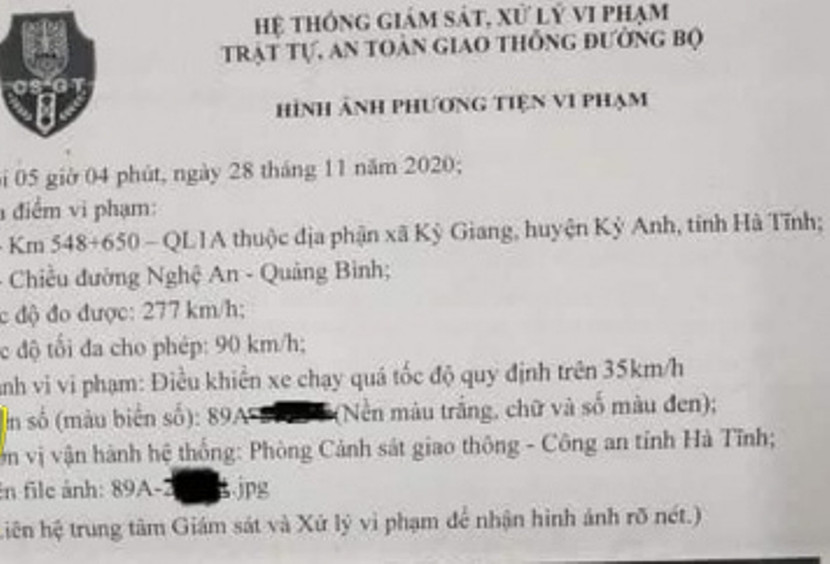 Thông báo phạt nguội của CSGT bị chỉnh sửa phần tốc độ vi phạm của xe
