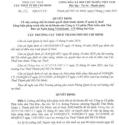 Một quyết đinh cưỡng chế thuế đối với Thuduc House Một quyết đinh cưỡng chế thuế đối với Thuduc House